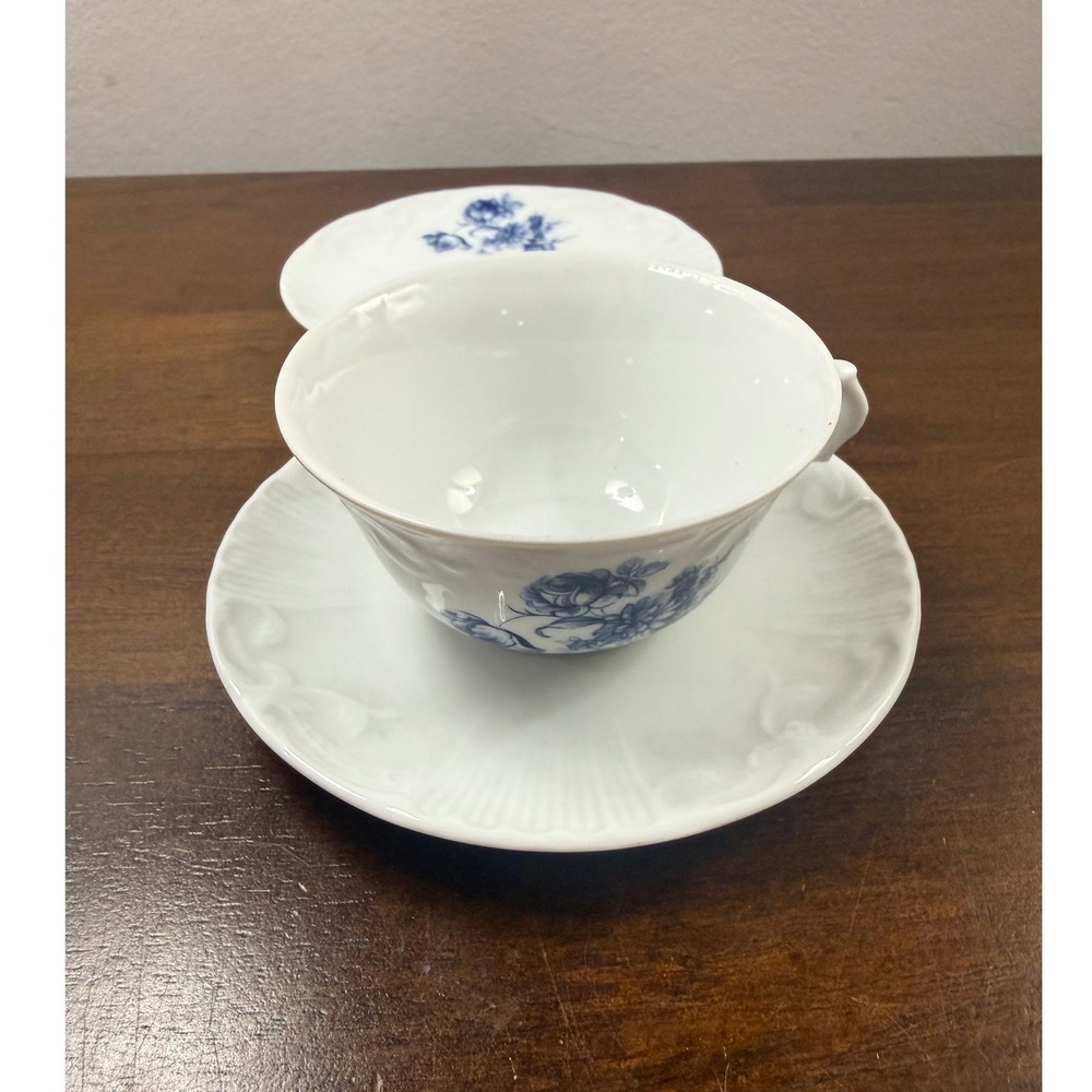 Rosenthal Monbijou Blue Rose Porcelain Teacup and Saucer Set White Blue Floral